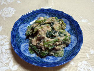 小松菜と木綿豆腐のアーモンド和え